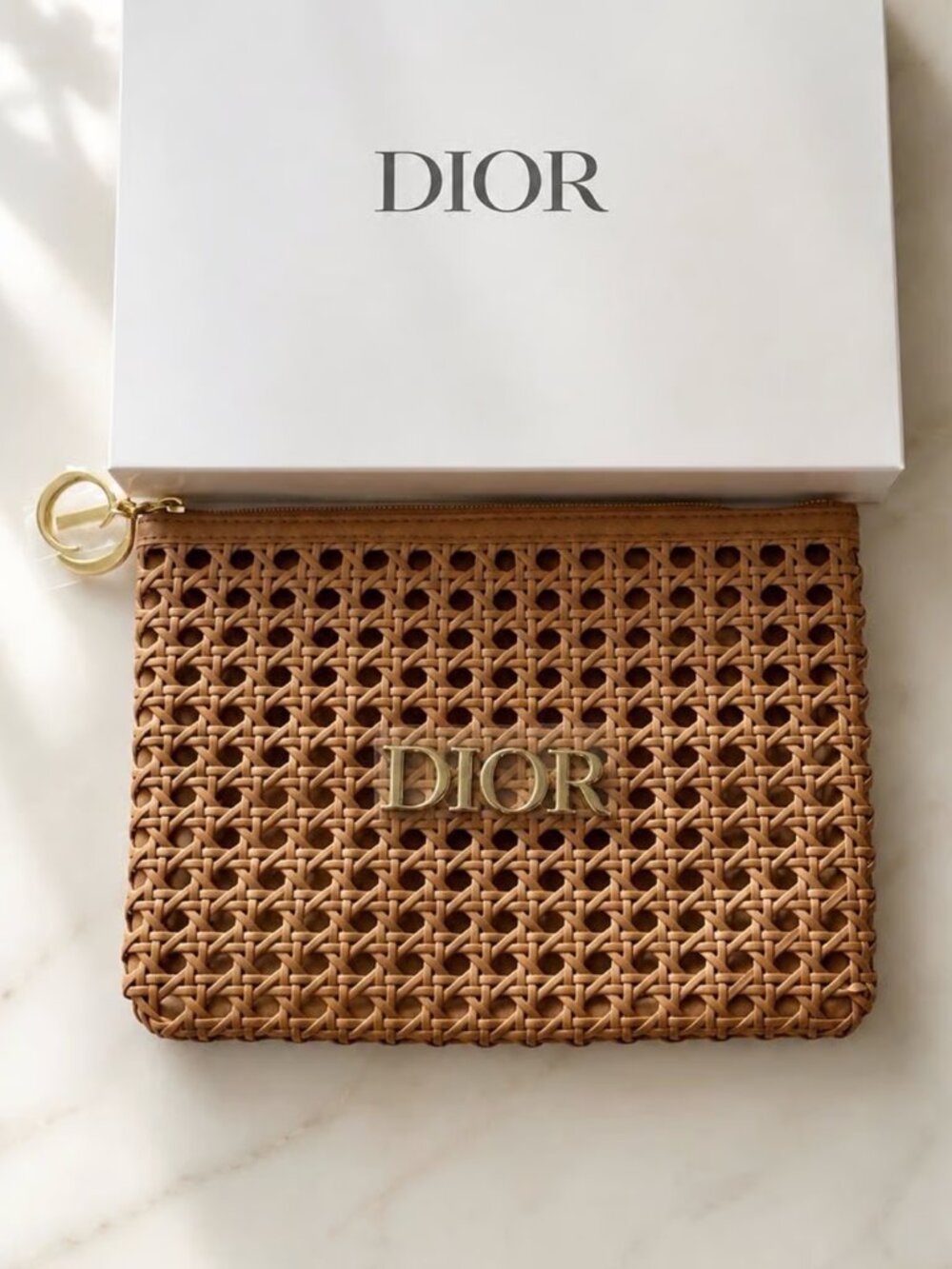 Dior Beaute Tan Raffia Bag Clutch Zip Pouch Lined Interior. NEW